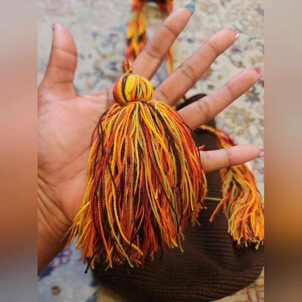 Hand Knit Wiven Brown Orange Buckwt Crossbody Bag - Picture 9 of 13